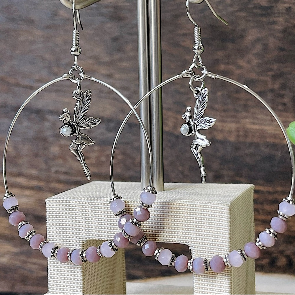 Silver FAIRY EARRINGS BELIEVE in MAGIC hoop FAIRY CRYSTAL BALL EARRINGS new